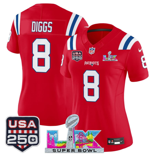 Women's New England Patriots #8 Stefon Diggs Red 2025 F.U.S.E. Super Bowl LX Patch And USA 250' Patch Vapor Limited Football Stitched Jersey(Run Small)